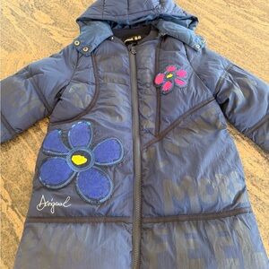 Desigual Navy Blue Kids Pea Coat with Floral Accents